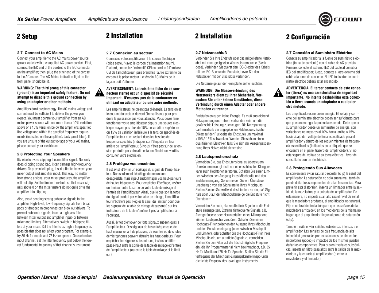 2 setup, 2 configuración 2 installation 2 installation | Crown Audio Xs Series User Manual | Page 15 / 36