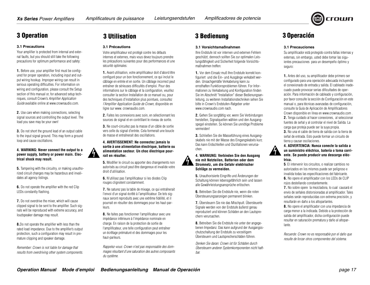 3 operation 3 bedienung 3 utilisation 3 operación | Crown Audio Xs Series User Manual | Page 17 / 36