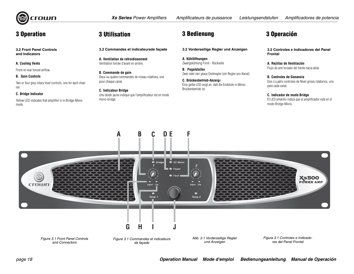 3 operation, 3 utilisation 3 bedienung 3 operación | Crown Audio Xs Series User Manual | Page 18 / 36