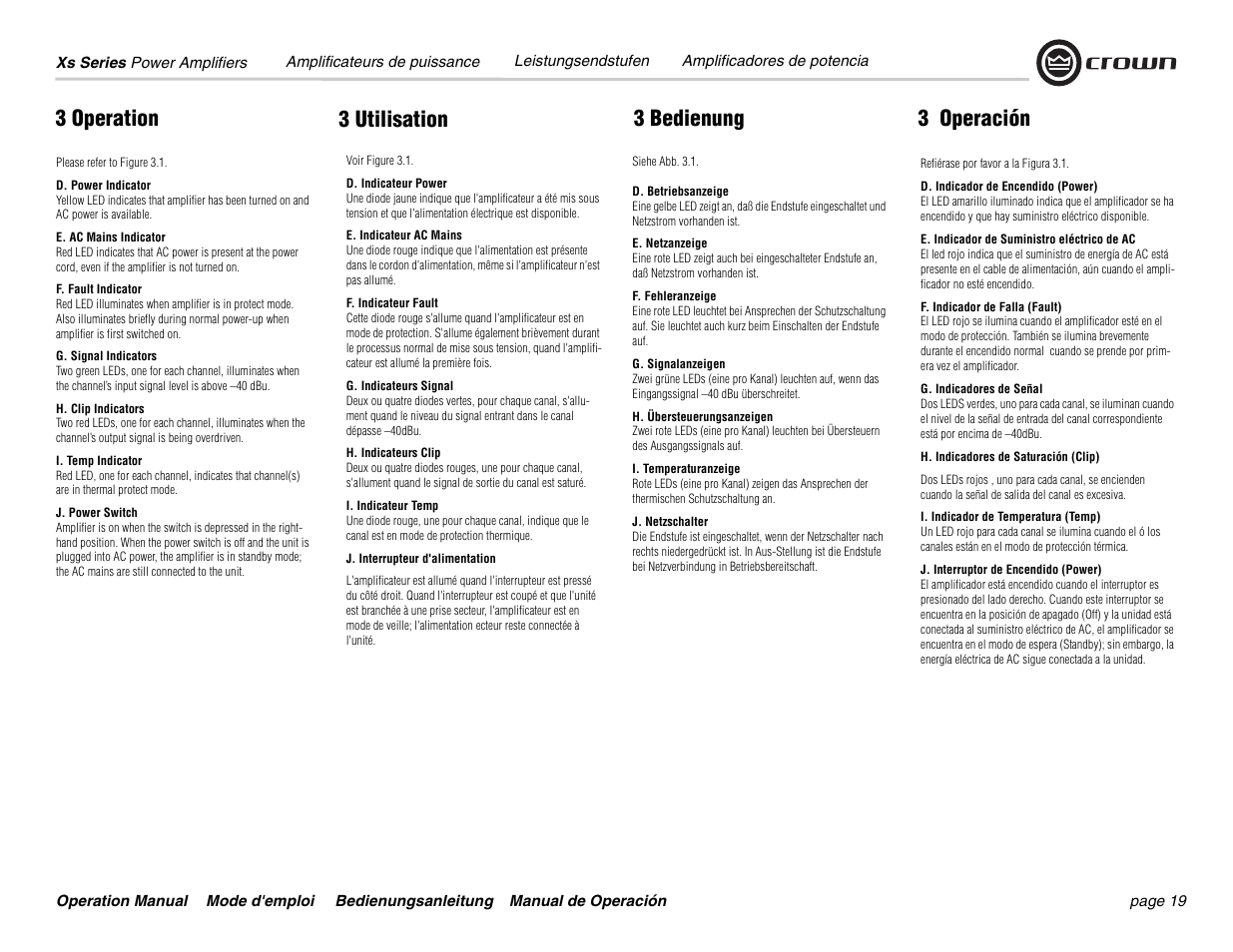 3 operation, 3 utilisation 3 bedienung 3 operación | Crown Audio Xs Series User Manual | Page 19 / 36