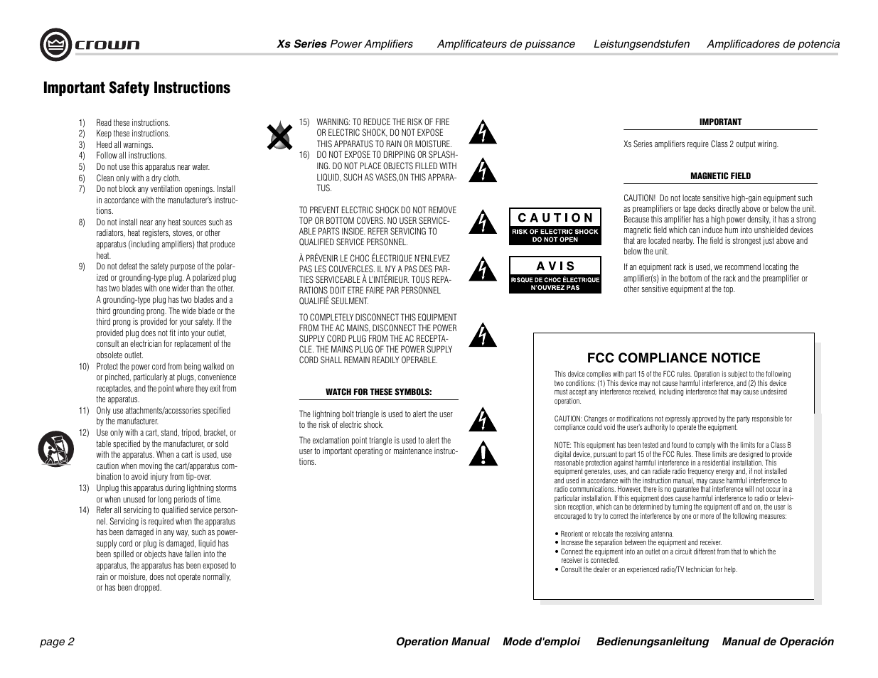 Important safety instructions, Fcc compliance notice | Crown Audio Xs Series User Manual | Page 2 / 36
