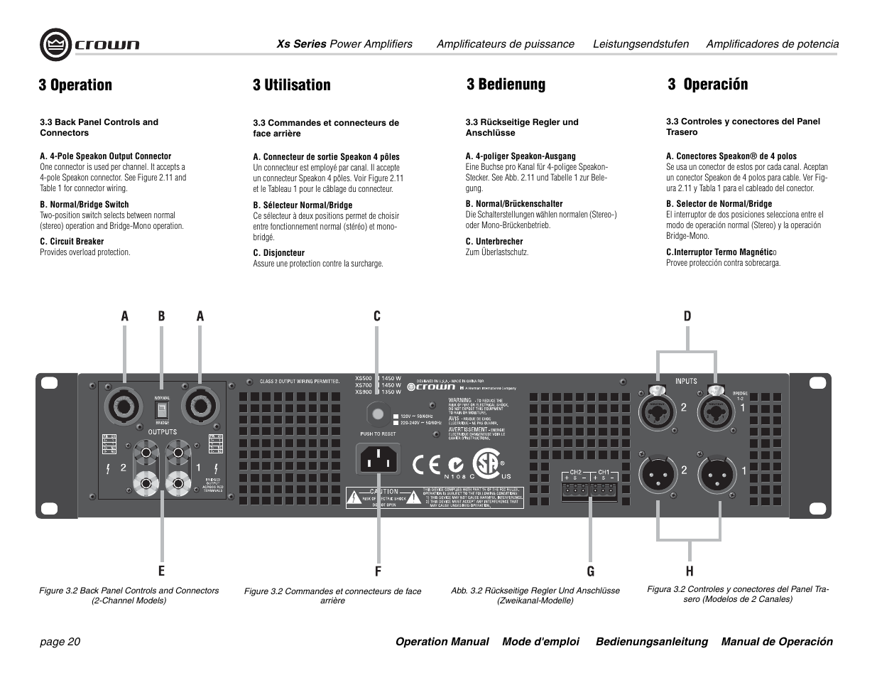 3 operation 3 utilisation 3 bedienung 3 operación | Crown Audio Xs Series User Manual | Page 20 / 36