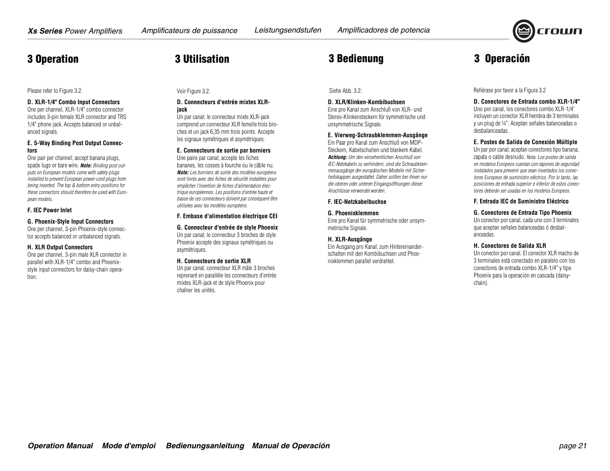 3 operation, 3 utilisation 3 bedienung 3 operación | Crown Audio Xs Series User Manual | Page 21 / 36