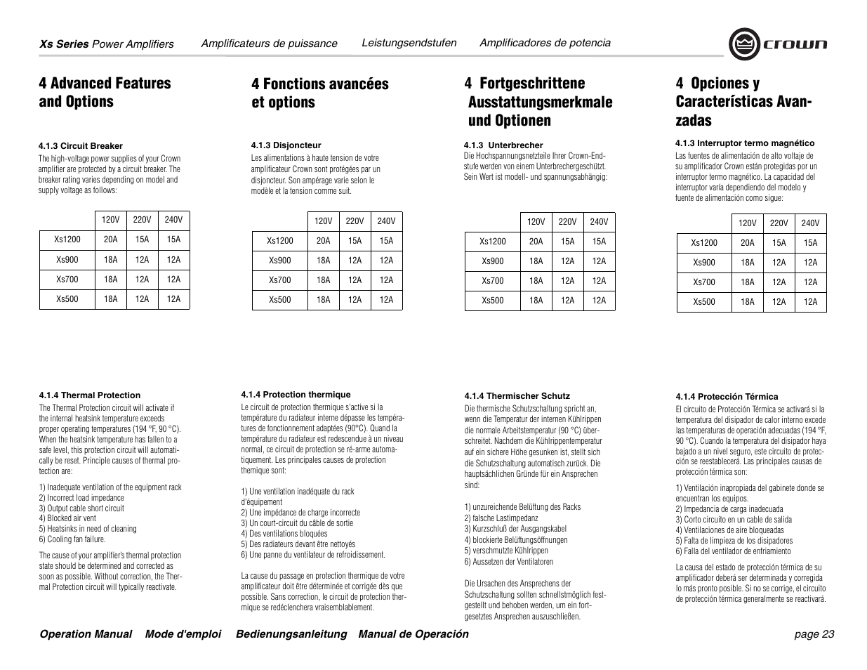 4 advanced features and options, 4 fonctions avancées et options, 4 opciones y características avan- zadas | Crown Audio Xs Series User Manual | Page 23 / 36