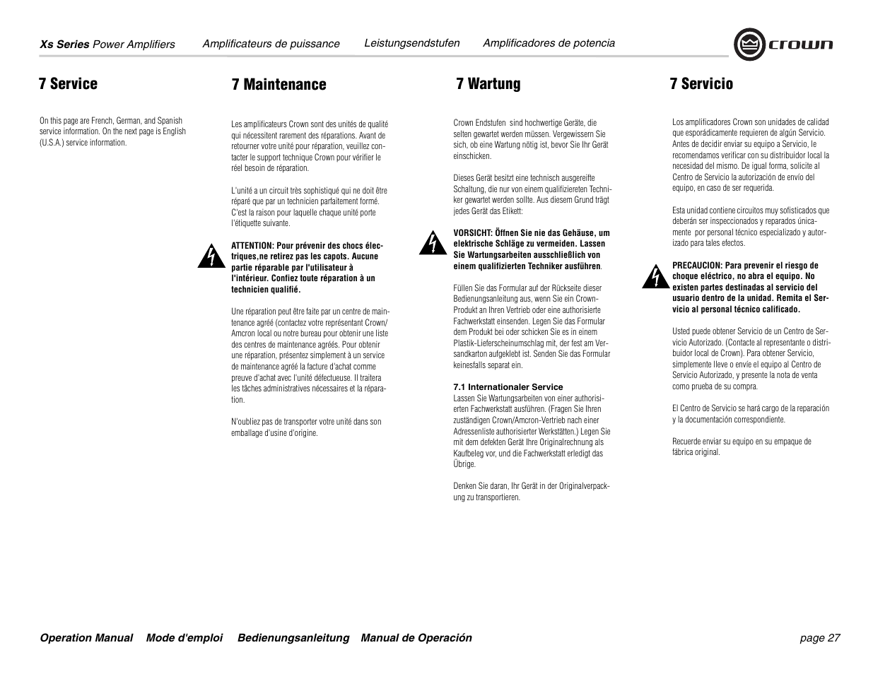 7 service, 7 maintenance 7 wartung 7 servicio | Crown Audio Xs Series User Manual | Page 27 / 36