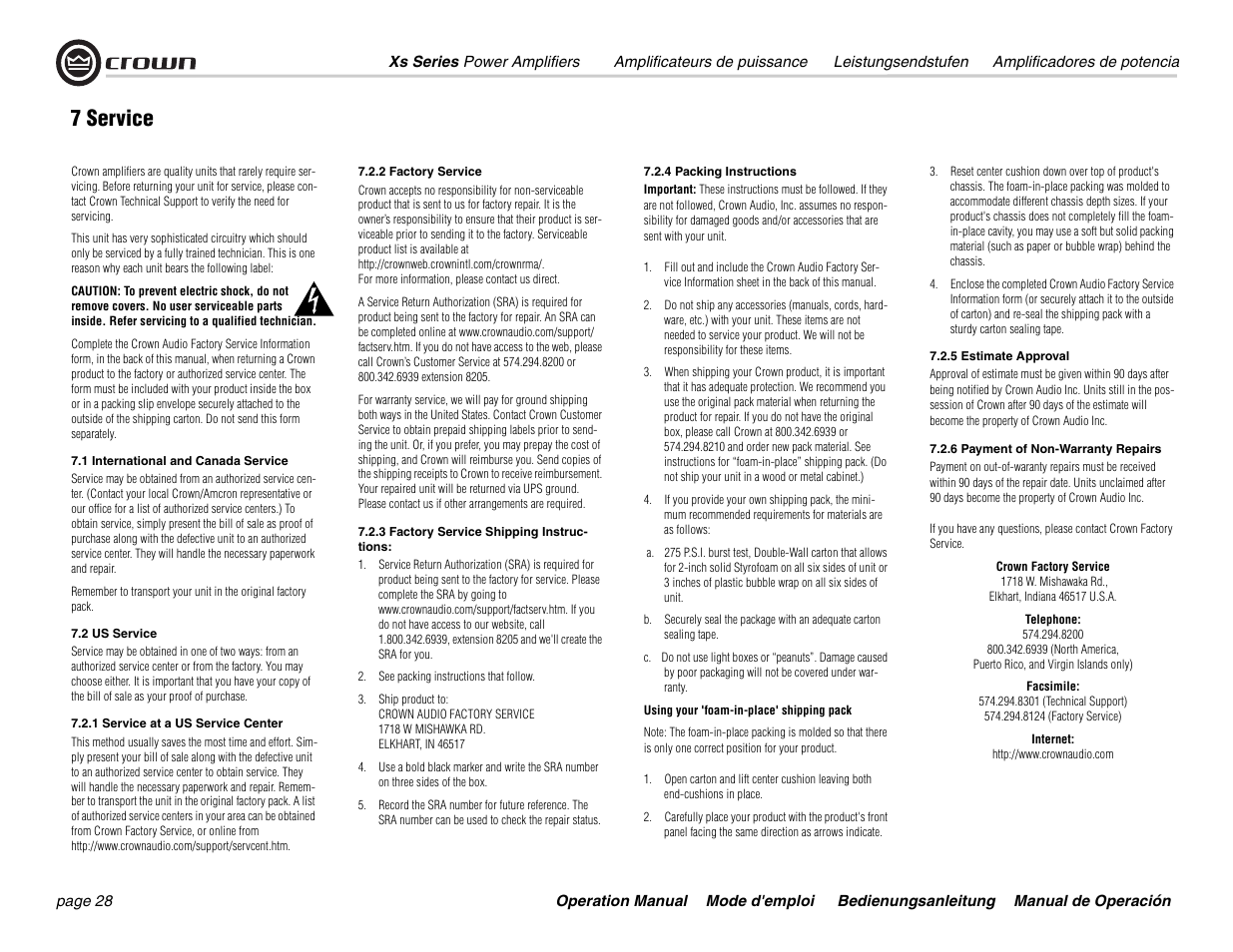 7 service | Crown Audio Xs Series User Manual | Page 28 / 36