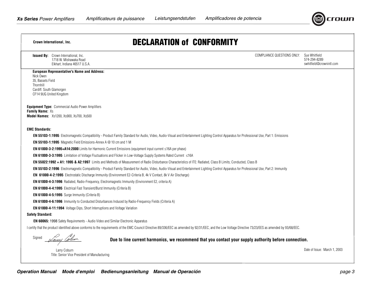 Declaration of conformity | Crown Audio Xs Series User Manual | Page 3 / 36