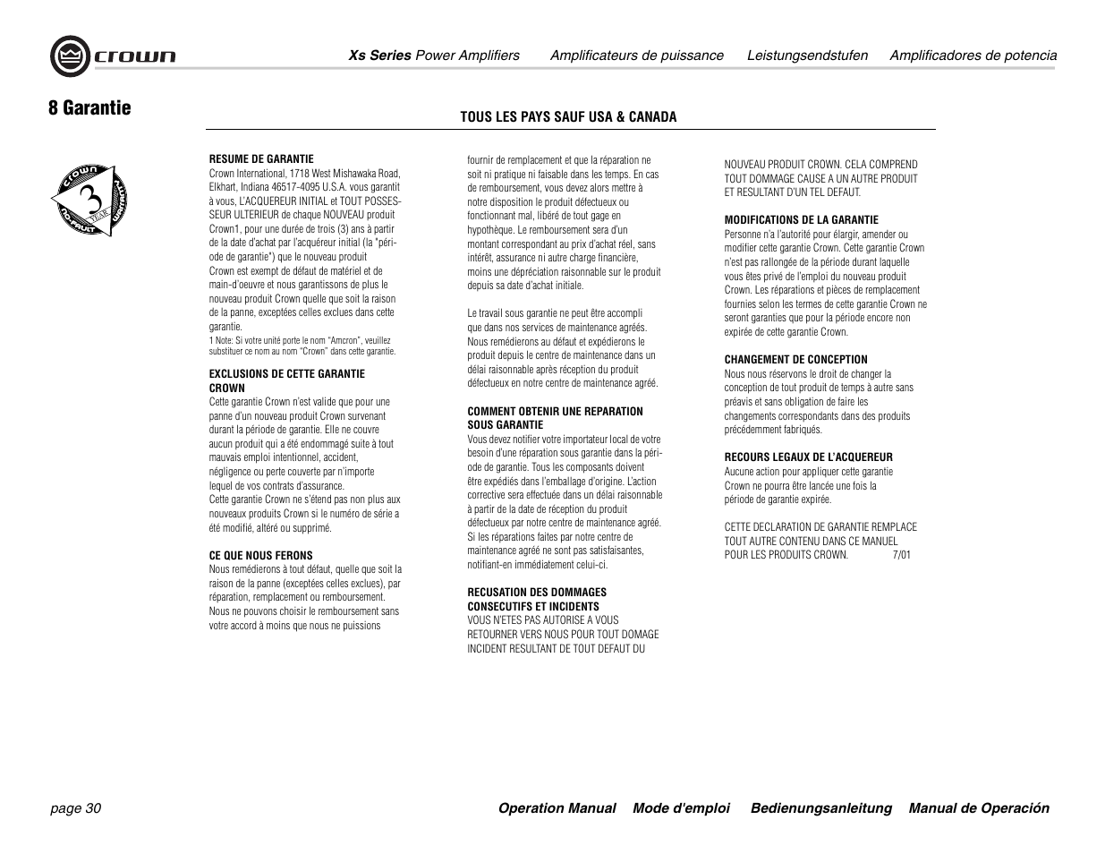 8 garantie | Crown Audio Xs Series User Manual | Page 30 / 36