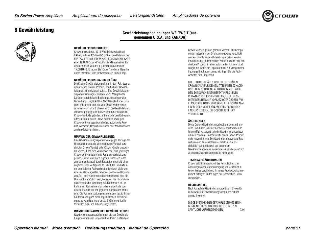 8 gewährleistung | Crown Audio Xs Series User Manual | Page 31 / 36