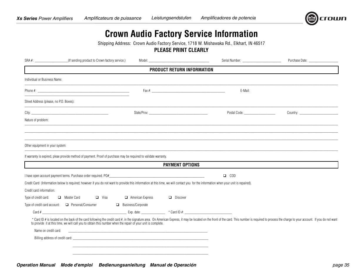 Crown audio factory service information, Please print clearly | Crown Audio Xs Series User Manual | Page 35 / 36