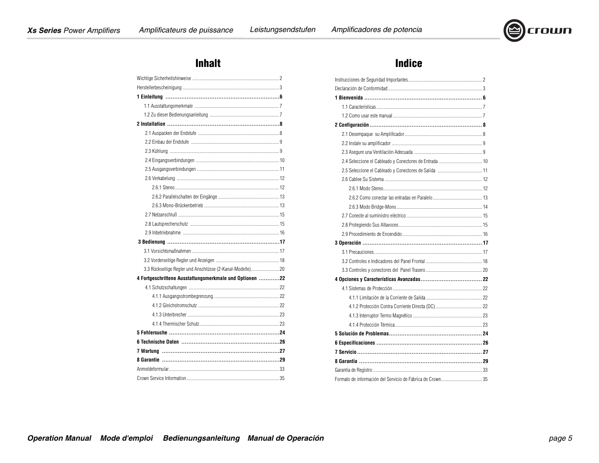 Inhalt indice | Crown Audio Xs Series User Manual | Page 5 / 36