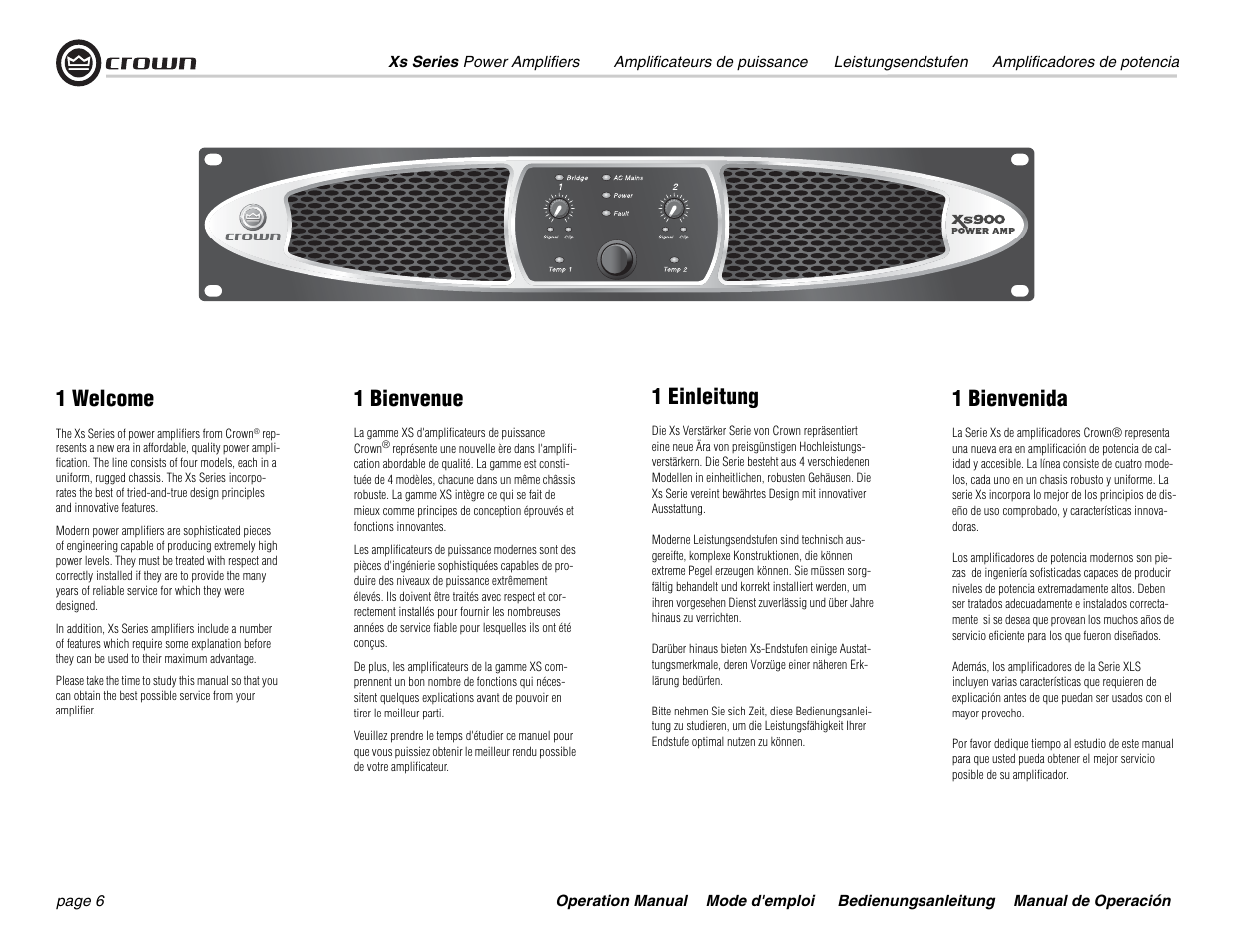 1 welcome, 1 bienvenue, 1 einleitung | 1 bienvenida | Crown Audio Xs Series User Manual | Page 6 / 36