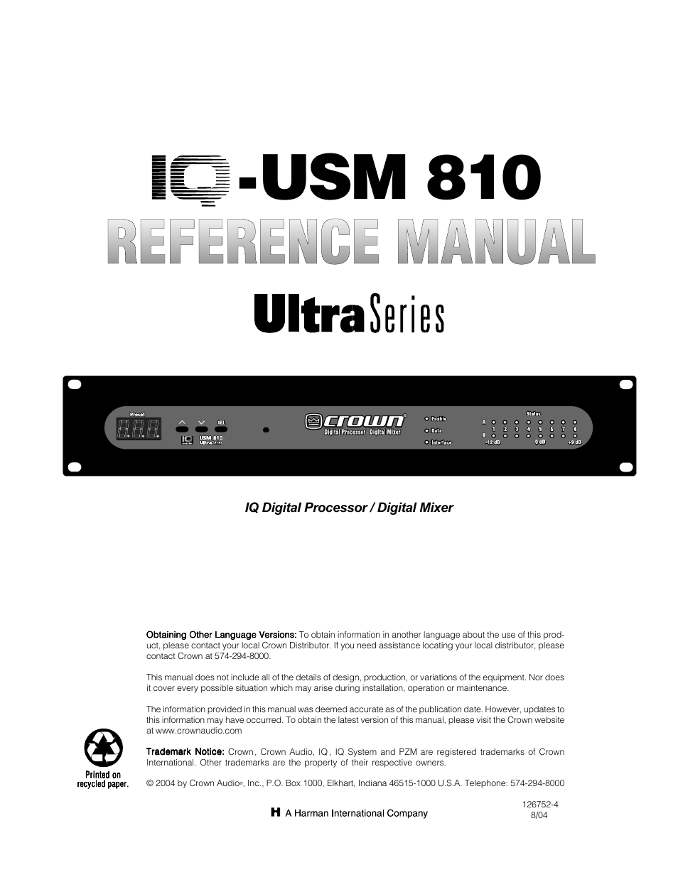 Crown Audio IQ-USM 810 User Manual | 40 pages