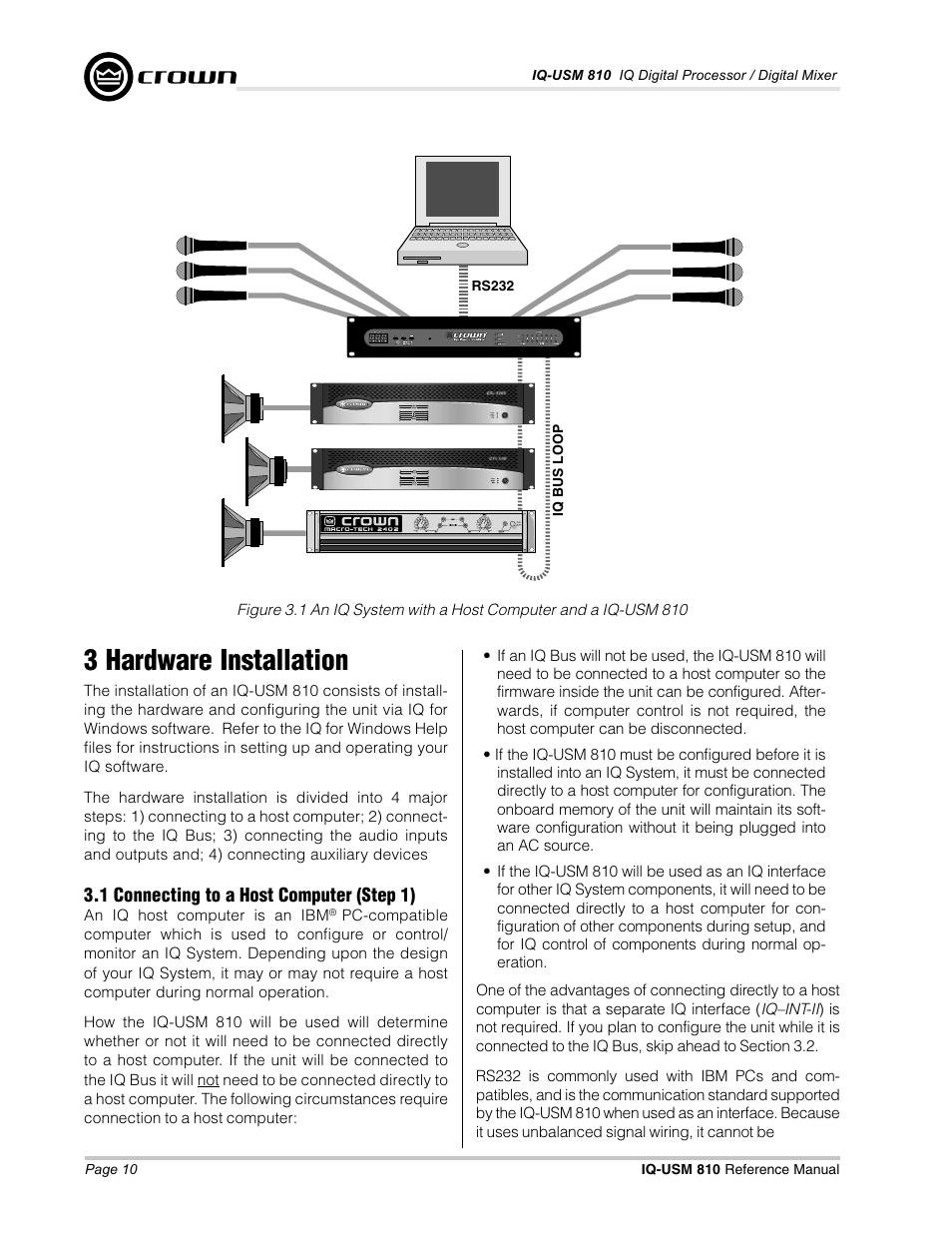 3 hardware installation, 1 connecting to a host computer (step 1), An iq host computer is an ibm | Crown Audio IQ-USM 810 User Manual | Page 10 / 40