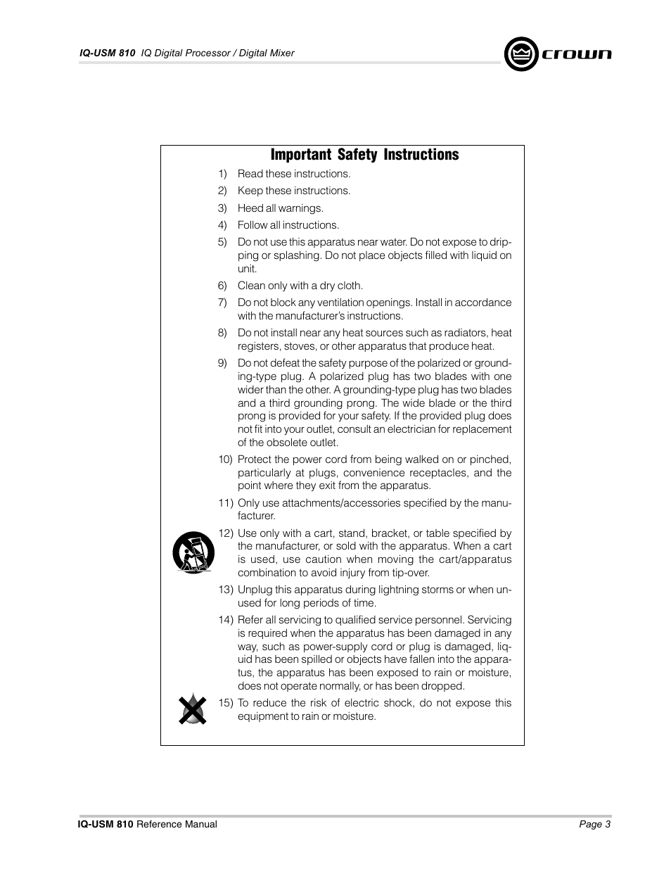 Important safety instructions | Crown Audio IQ-USM 810 User Manual | Page 3 / 40