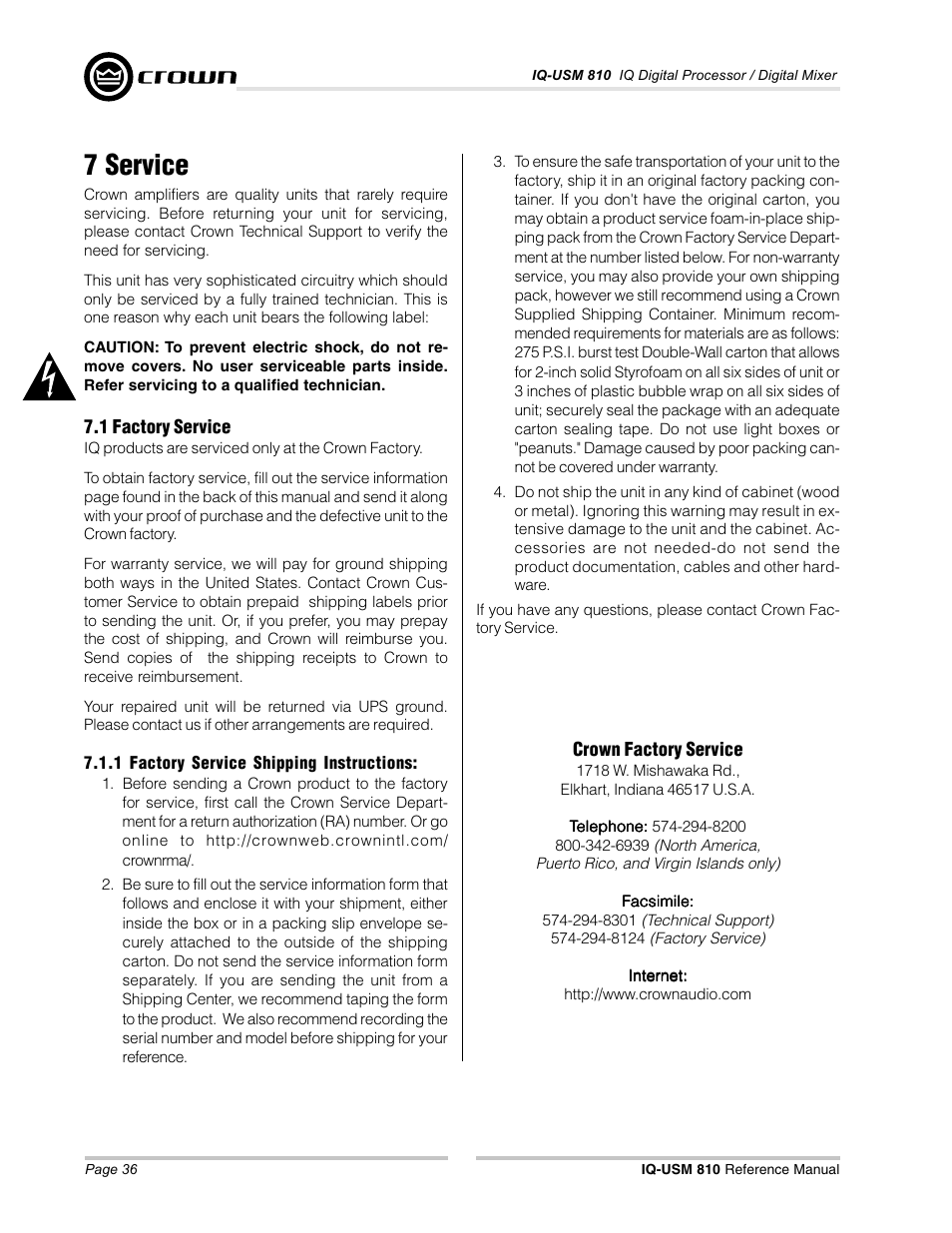 7 service | Crown Audio IQ-USM 810 User Manual | Page 36 / 40
