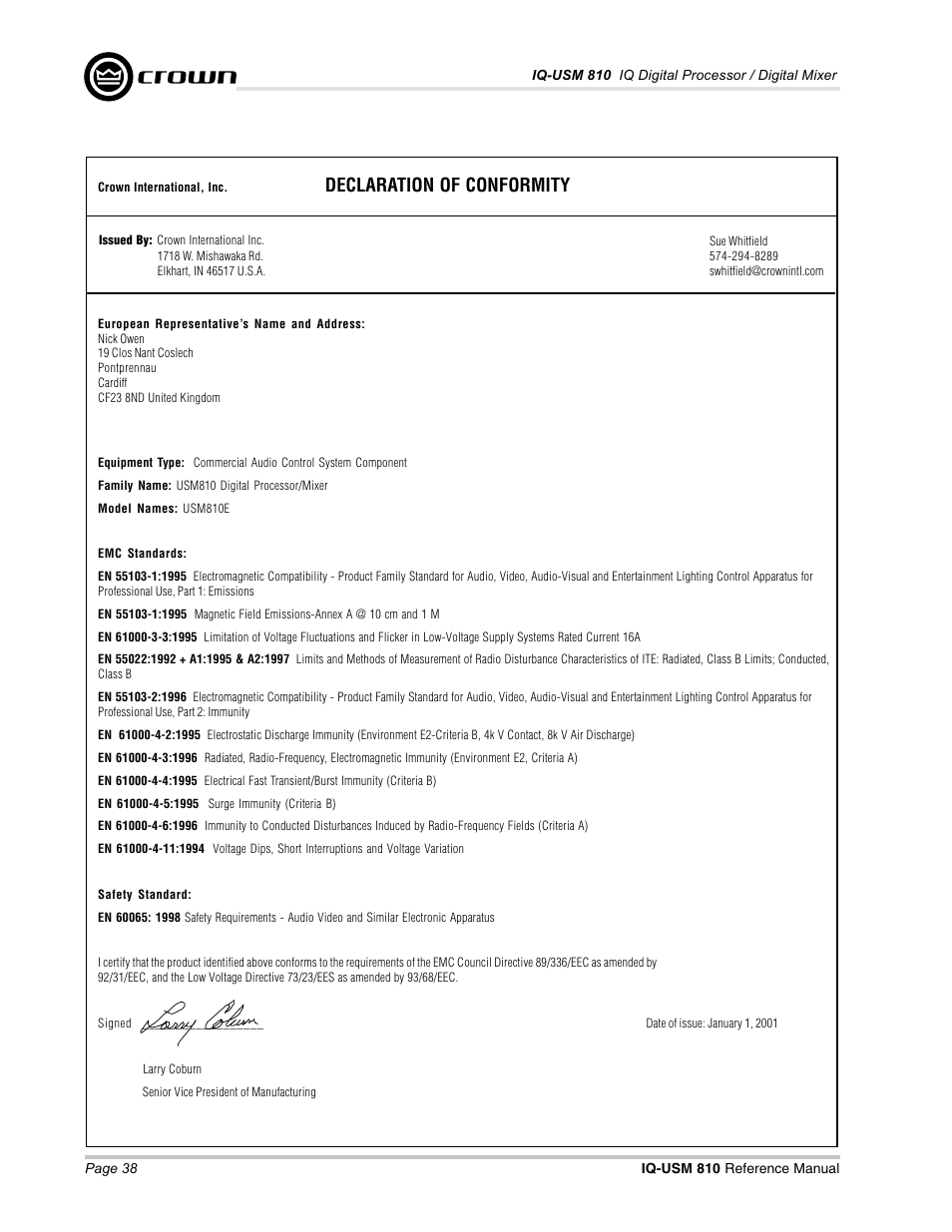 Declaration of conformity | Crown Audio IQ-USM 810 User Manual | Page 38 / 40