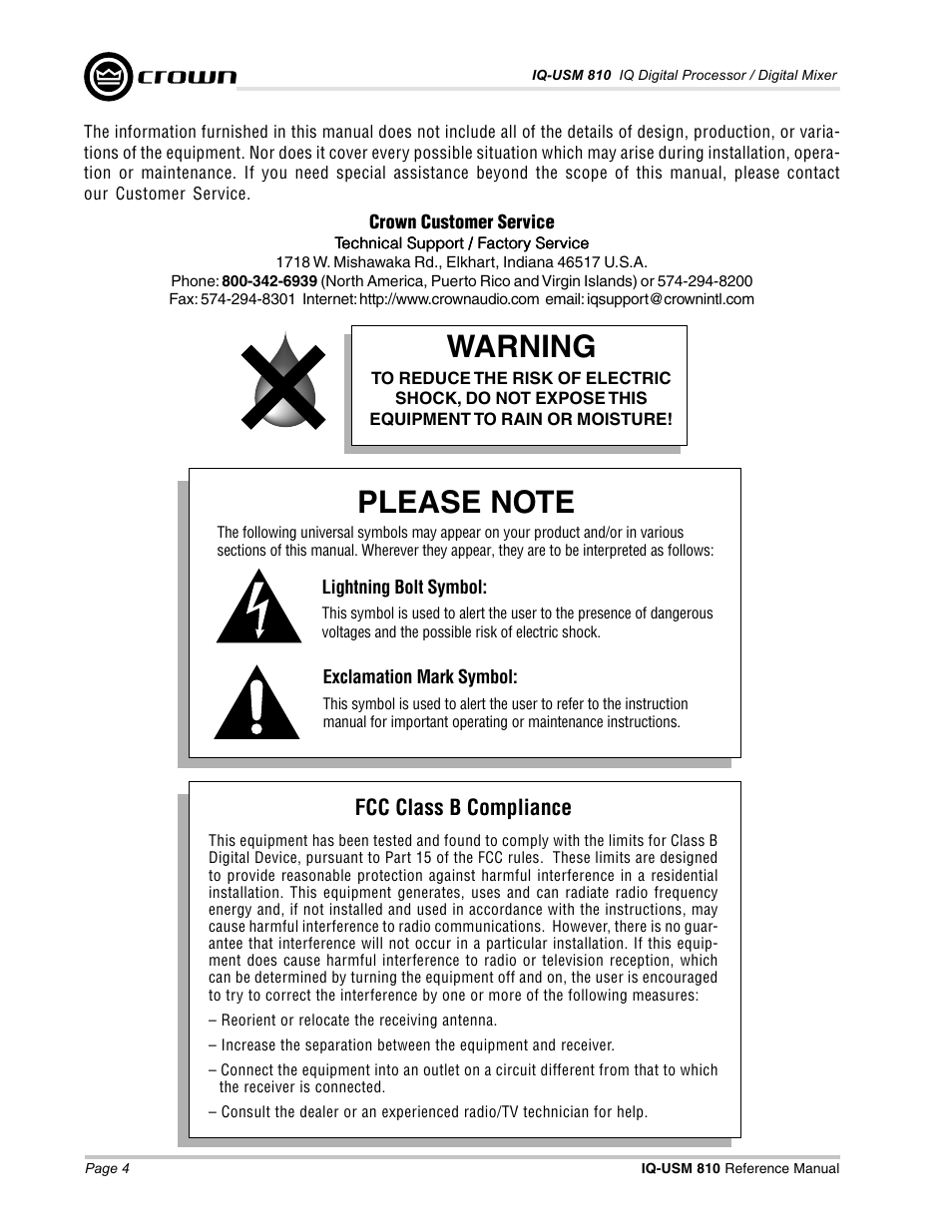 Warning, Fcc class b compliance | Crown Audio IQ-USM 810 User Manual | Page 4 / 40