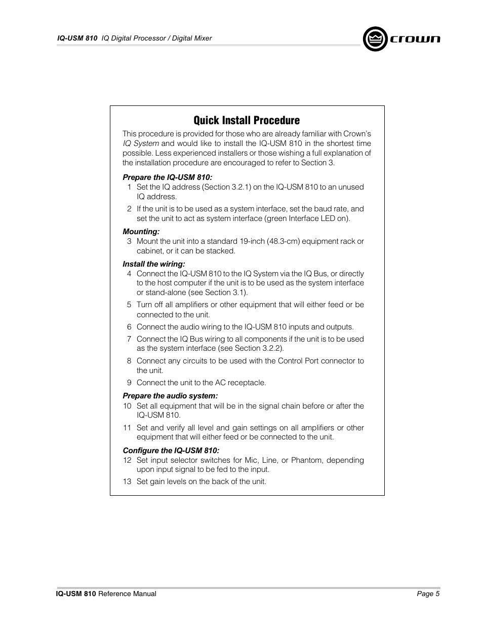 Quick install procedure | Crown Audio IQ-USM 810 User Manual | Page 5 / 40