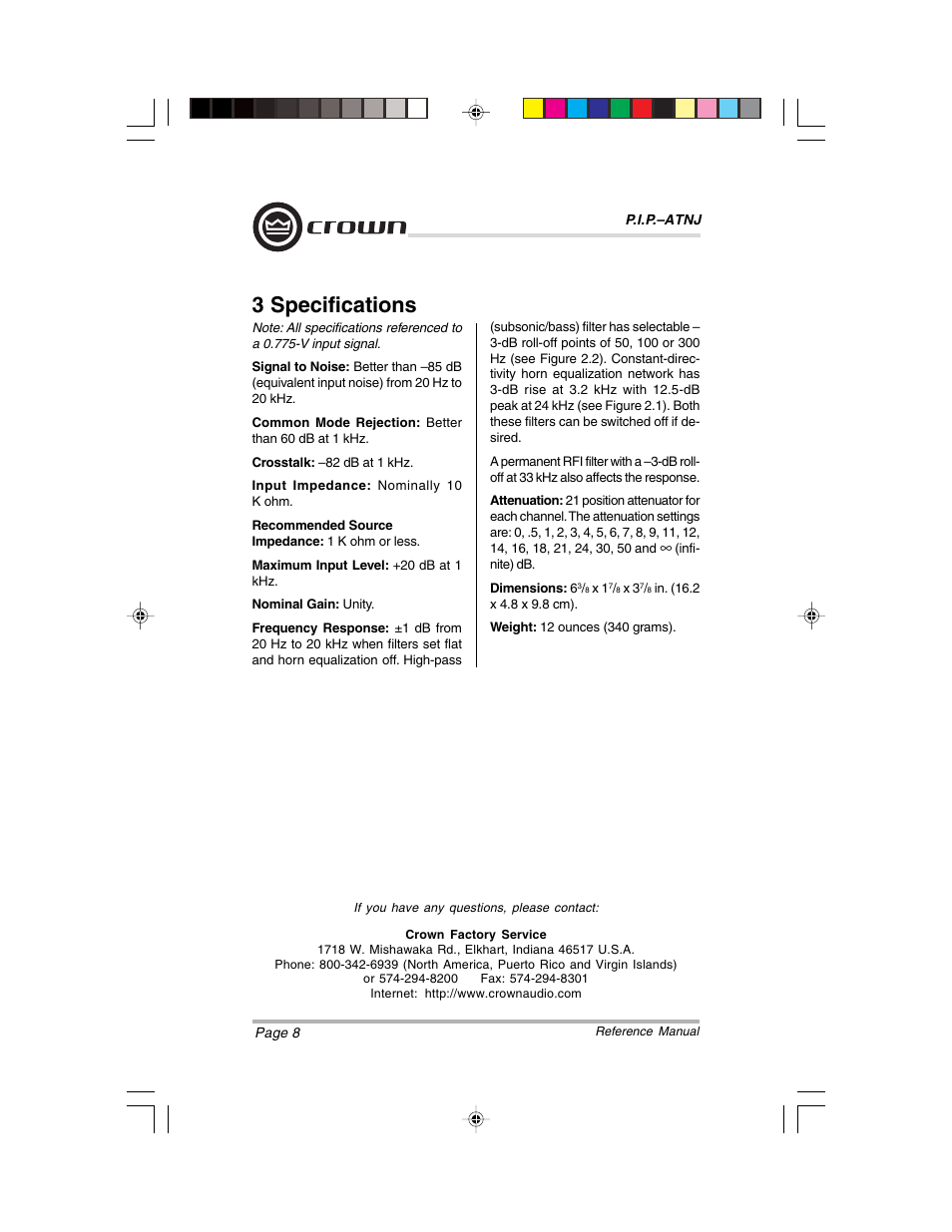 3 specifications | Crown Audio P.I.P.-ATNJ User Manual | Page 8 / 8
