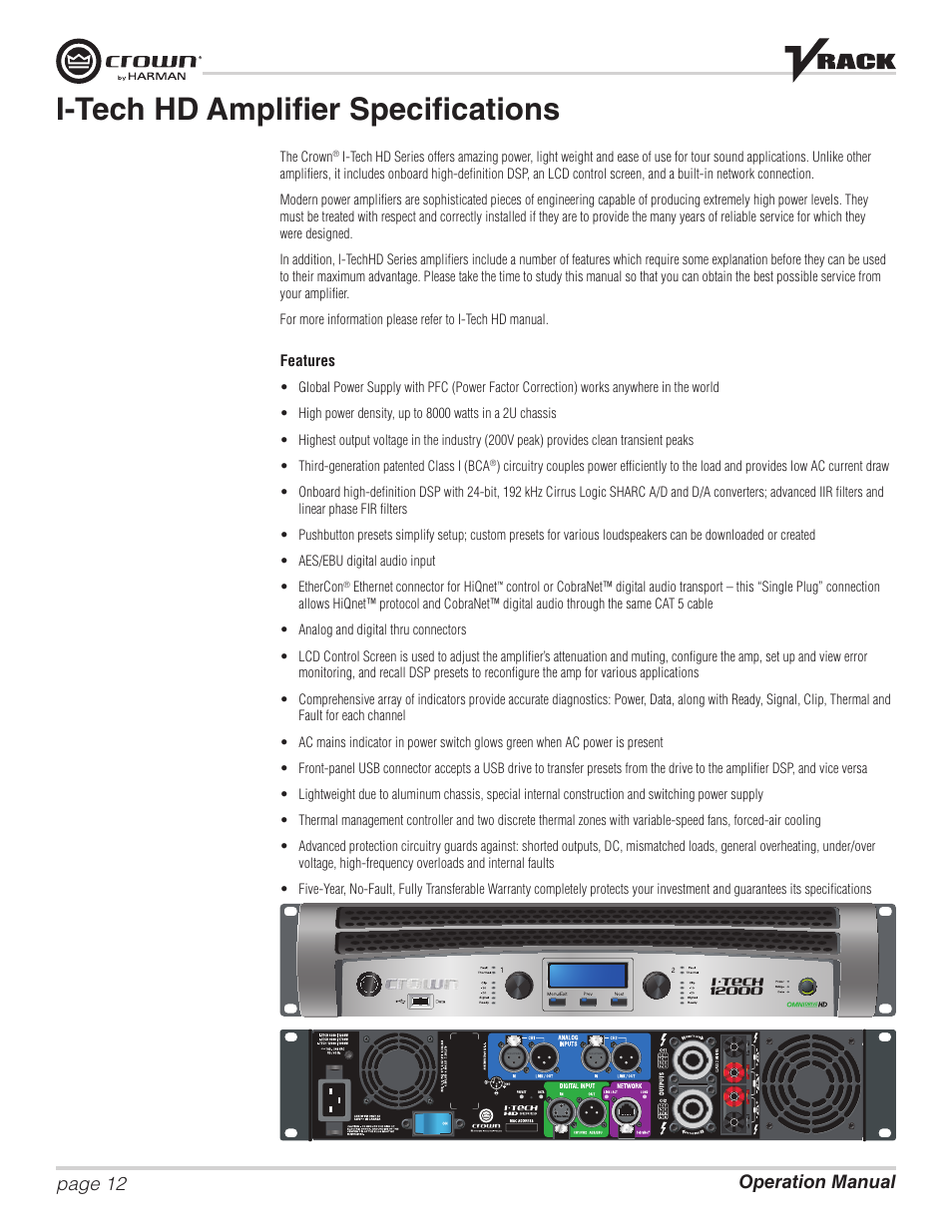 I-tech hd amplifier specifications, Operation manual page 12 | Crown Audio VRack12000HD User Manual | Page 12 / 60