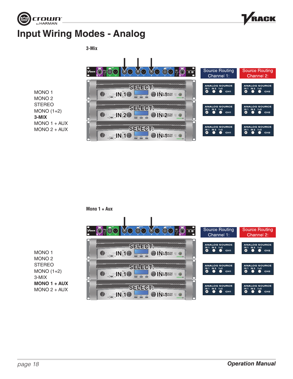 Input wiring modes - analog | Crown Audio VRack12000HD User Manual | Page 18 / 60