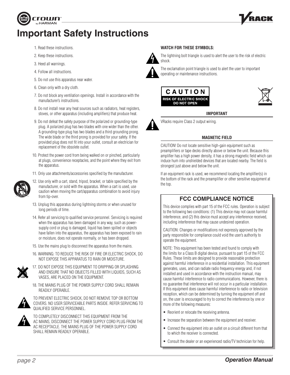Important safety instructions, Operation manual page 2, Fcc compliance notice | Crown Audio VRack12000HD User Manual | Page 2 / 60