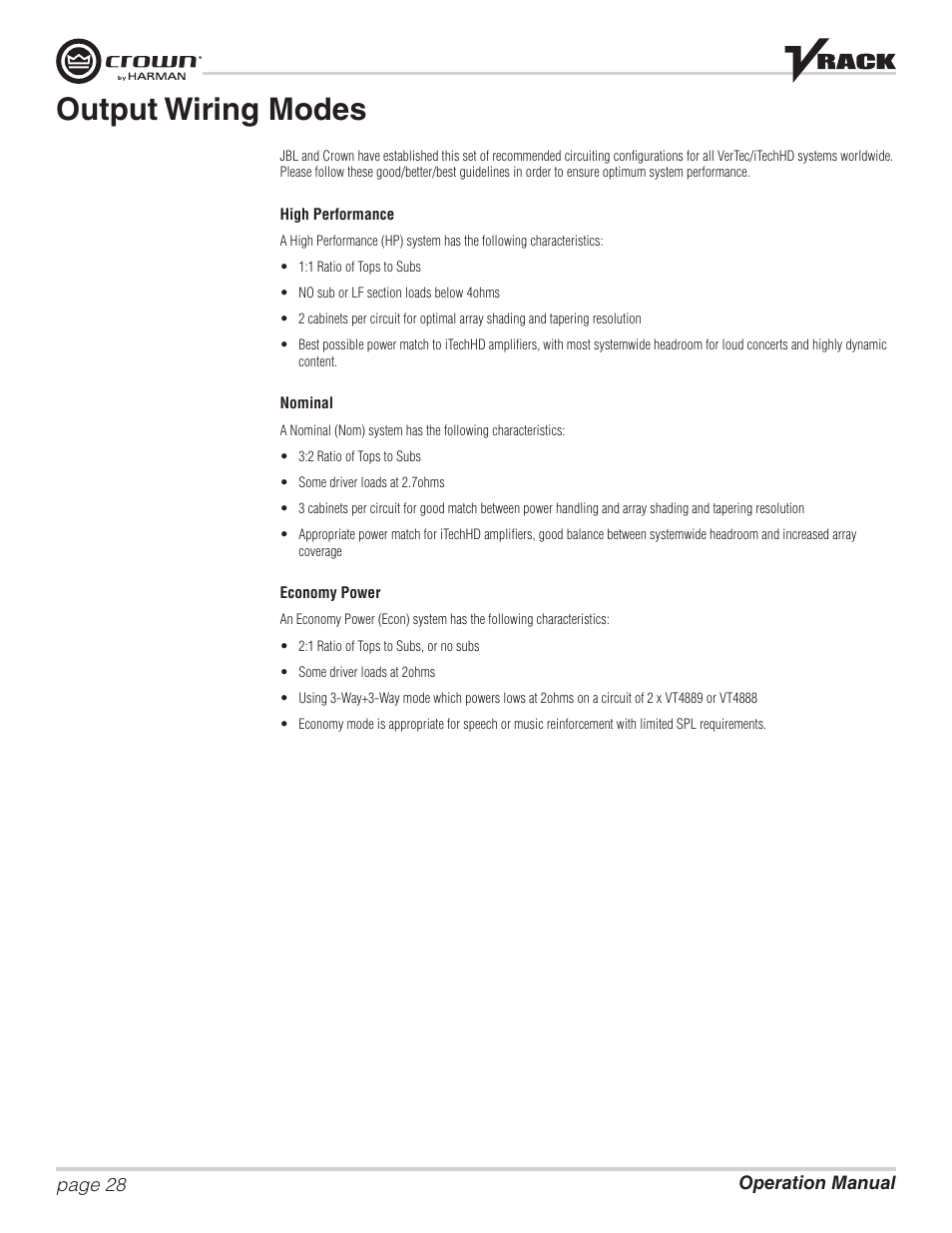 Output wiring modes | Crown Audio VRack12000HD User Manual | Page 28 / 60