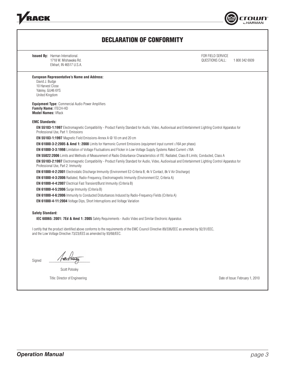 Declaration of conformity, Page 3 operation manual | Crown Audio VRack12000HD User Manual | Page 3 / 60