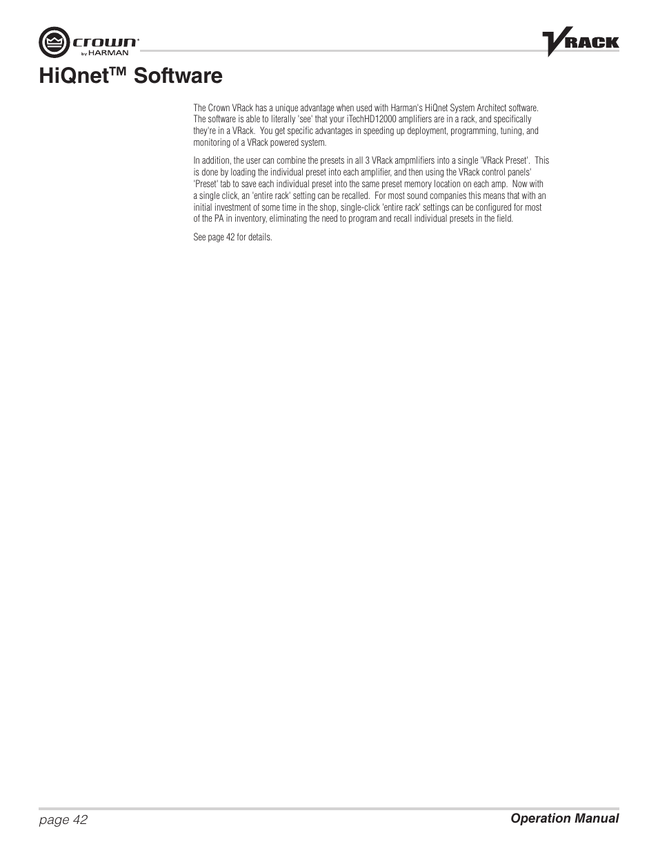 Hiqnet ™ software | Crown Audio VRack12000HD User Manual | Page 42 / 60