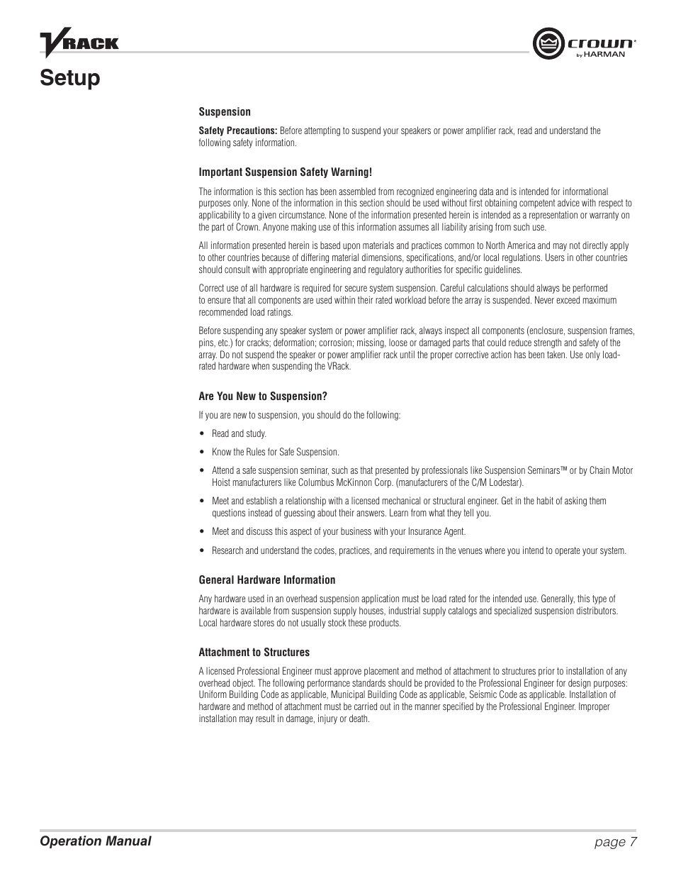 Setup | Crown Audio VRack12000HD User Manual | Page 7 / 60
