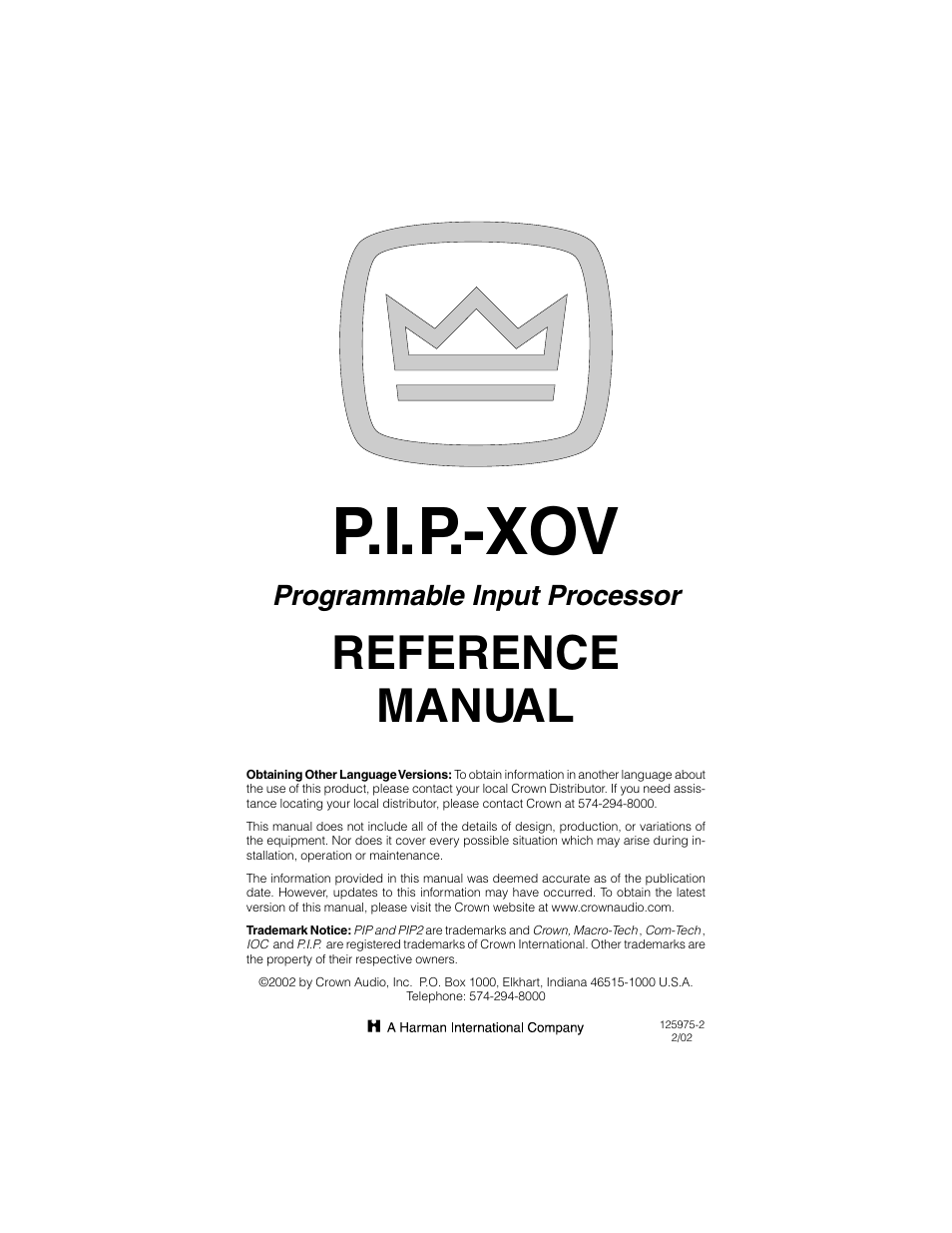 Crown Audio P.I.P.-XOV User Manual | 22 pages