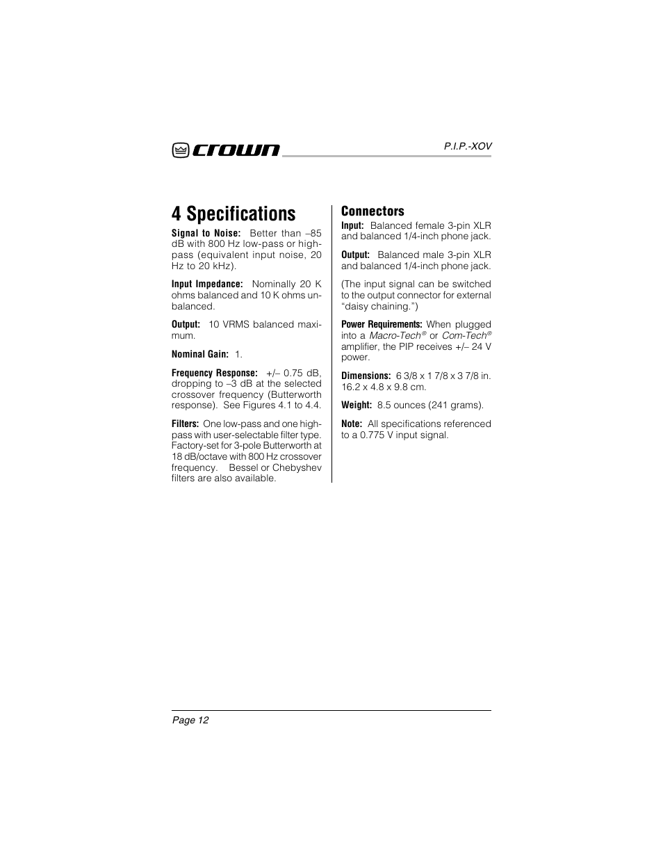 4 specifications, Connectors | Crown Audio P.I.P.-XOV User Manual | Page 11 / 22