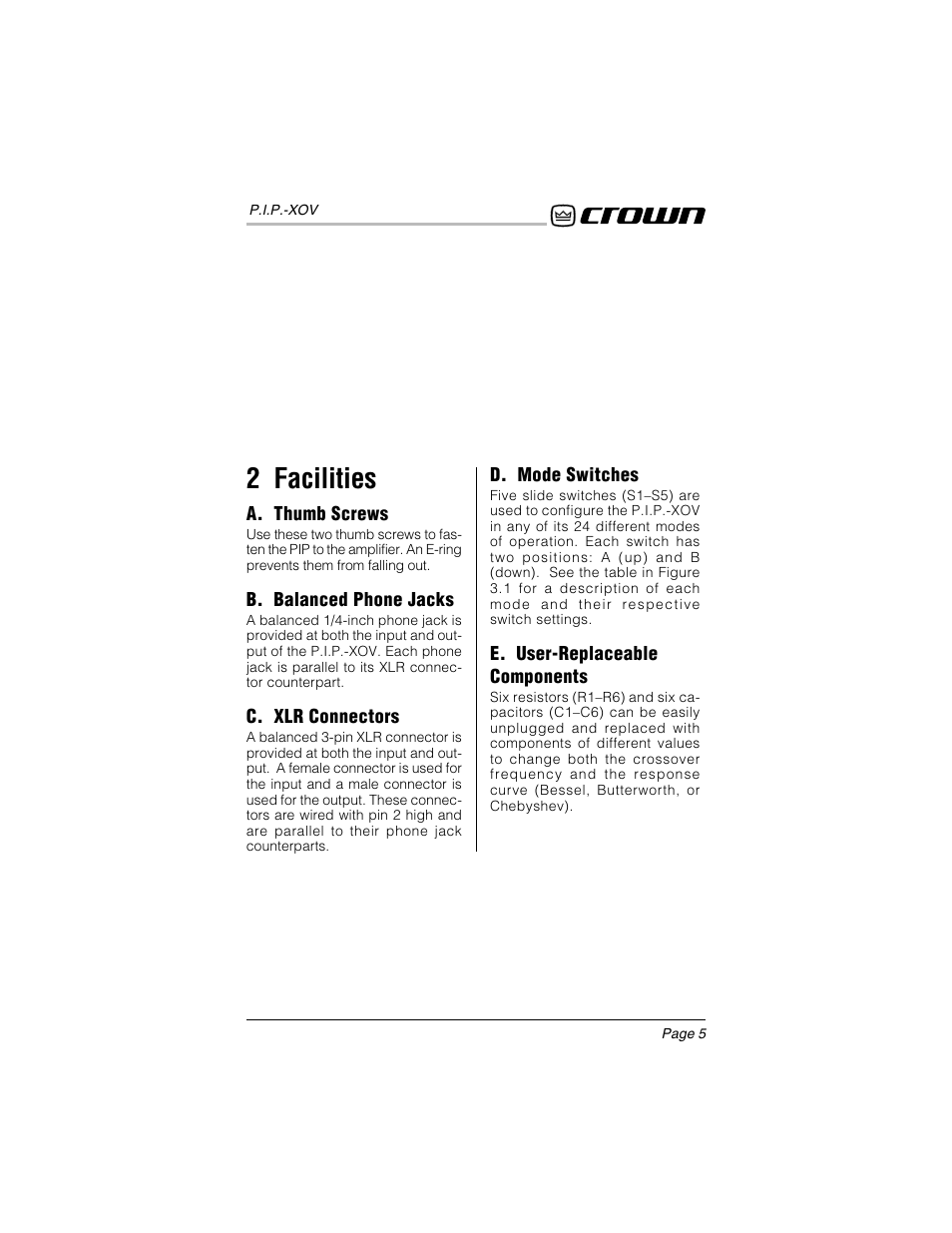 2 facilities | Crown Audio P.I.P.-XOV User Manual | Page 4 / 22