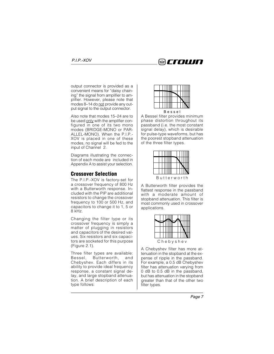 Crossover selection | Crown Audio P.I.P.-XOV User Manual | Page 6 / 22