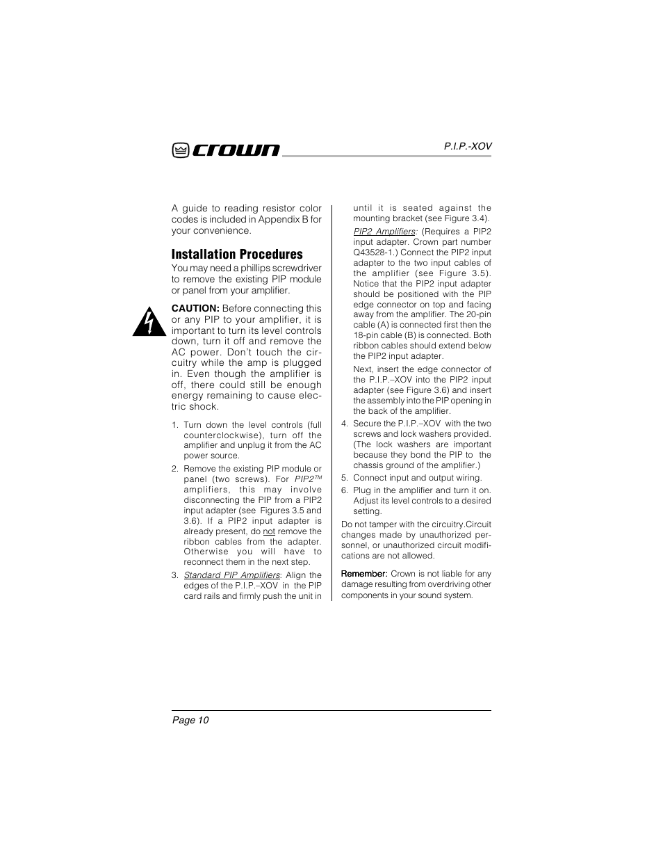 Installation procedures | Crown Audio P.I.P.-XOV User Manual | Page 9 / 22