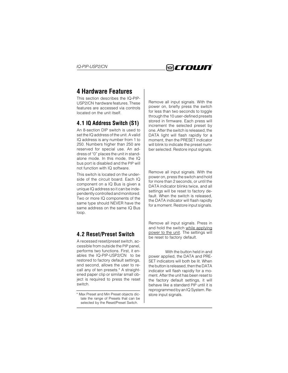 4 hardware features, 1 iq address switch (s1), 2 reset/preset switch | Crown Audio IQ-PIP-USP2_CN User Manual | Page 17 / 65