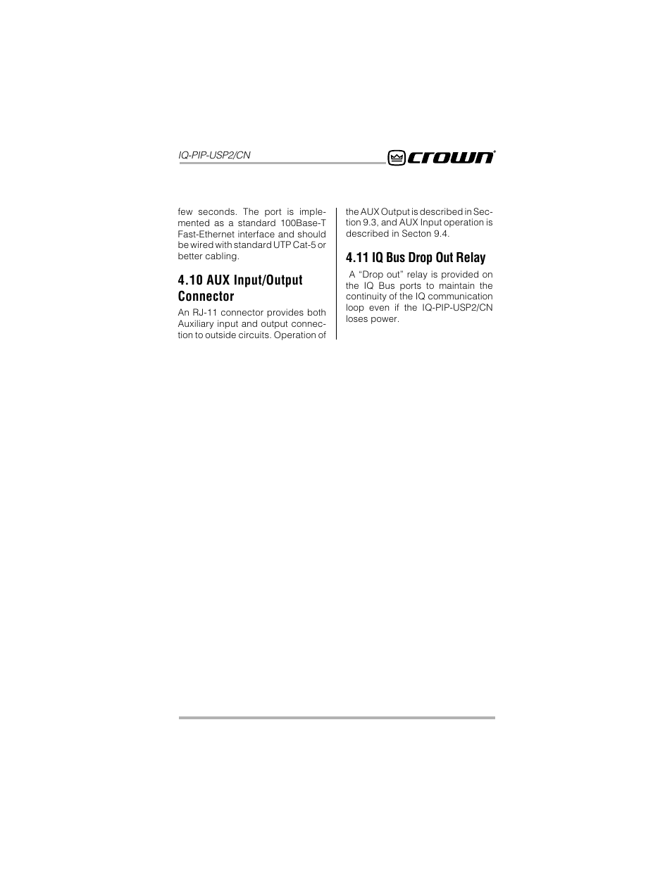 10 aux input/output connector, 11 iq bus drop out relay | Crown Audio IQ-PIP-USP2_CN User Manual | Page 19 / 65