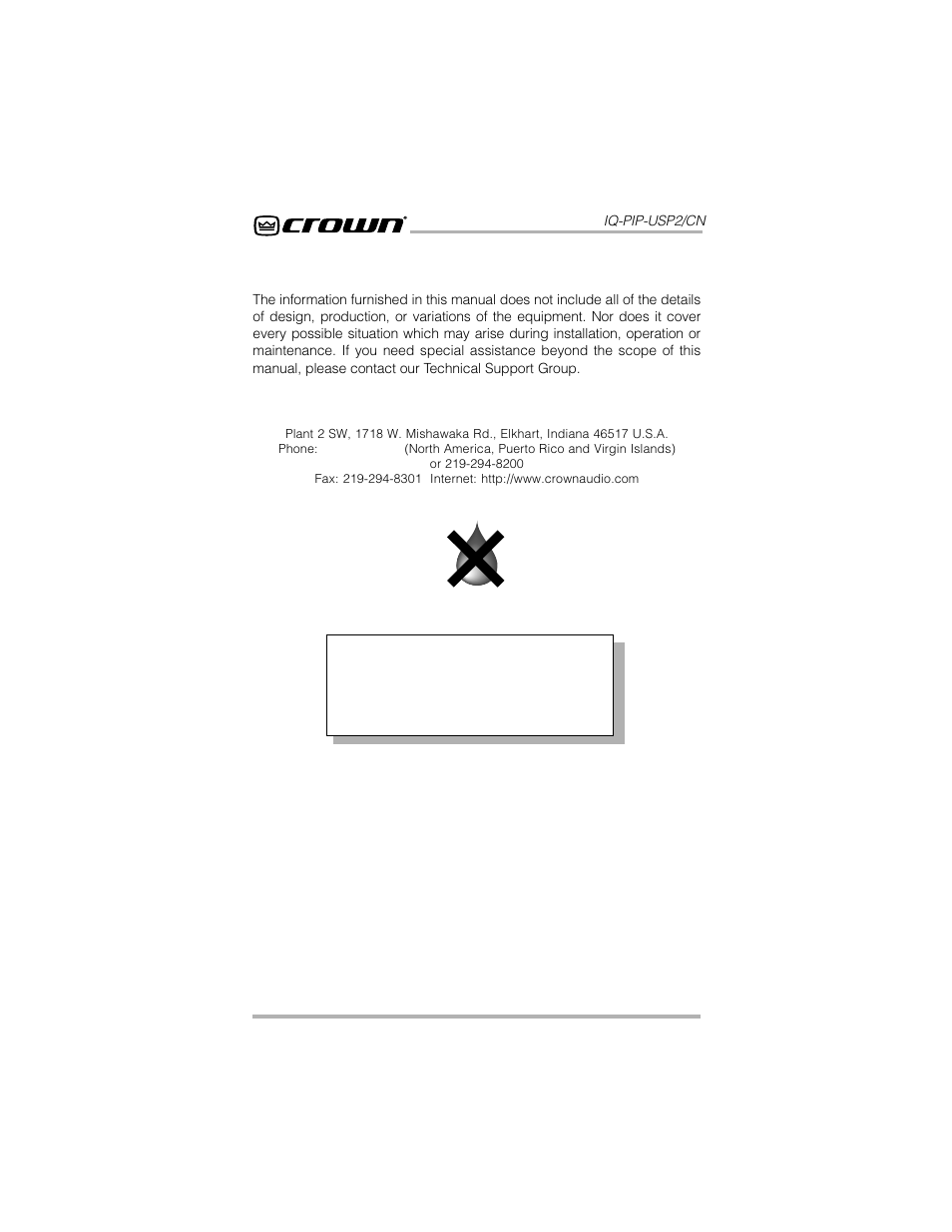 Warning, Crown audio technical support group | Crown Audio IQ-PIP-USP2_CN User Manual | Page 2 / 65