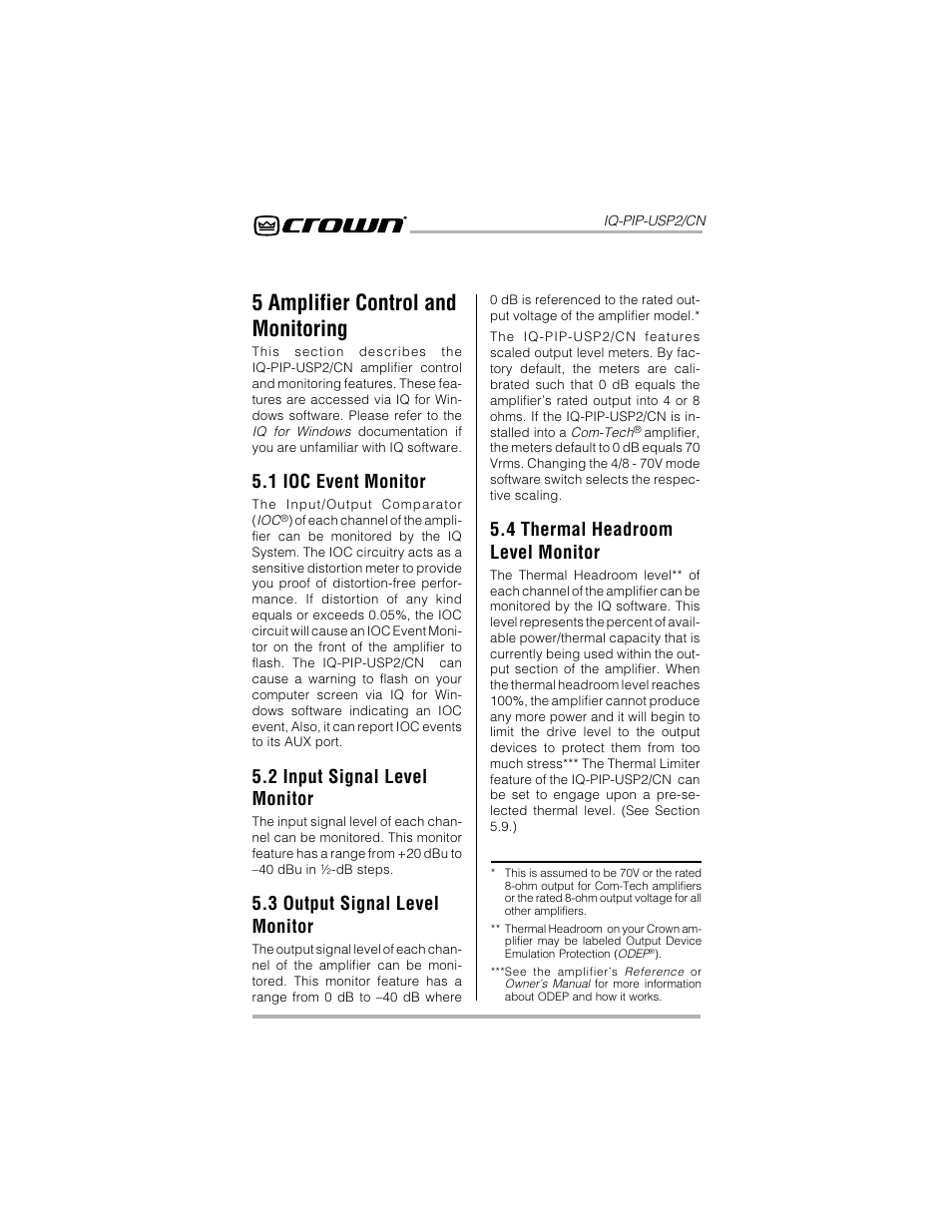 5 amplifier control and monitoring, 1 ioc event monitor, 2 input signal level monitor | 3 output signal level monitor, 4 thermal headroom level monitor | Crown Audio IQ-PIP-USP2_CN User Manual | Page 20 / 65