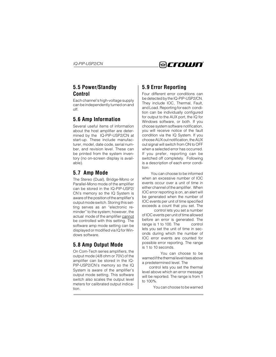 5 power/standby control, 6 amp information, 7 amp mode | 8 amp output mode, 9 error reporting | Crown Audio IQ-PIP-USP2_CN User Manual | Page 21 / 65