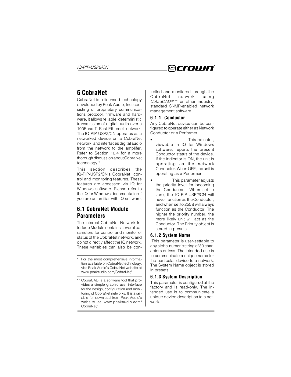 6 cobranet, 1 cobranet module parameters | Crown Audio IQ-PIP-USP2_CN User Manual | Page 23 / 65