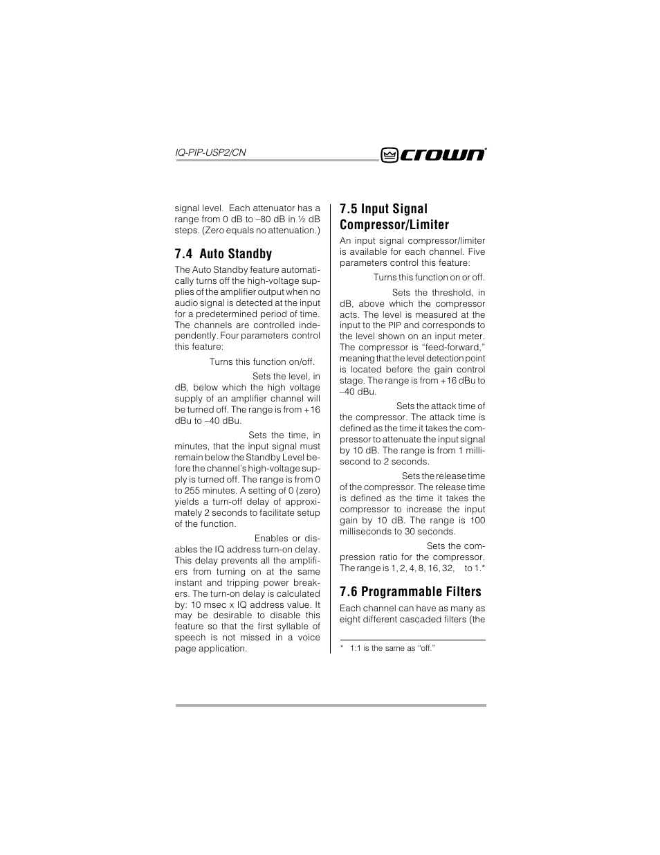 4 auto standby, 5 input signal compressor/limiter, 6 programmable filters | Crown Audio IQ-PIP-USP2_CN User Manual | Page 27 / 65