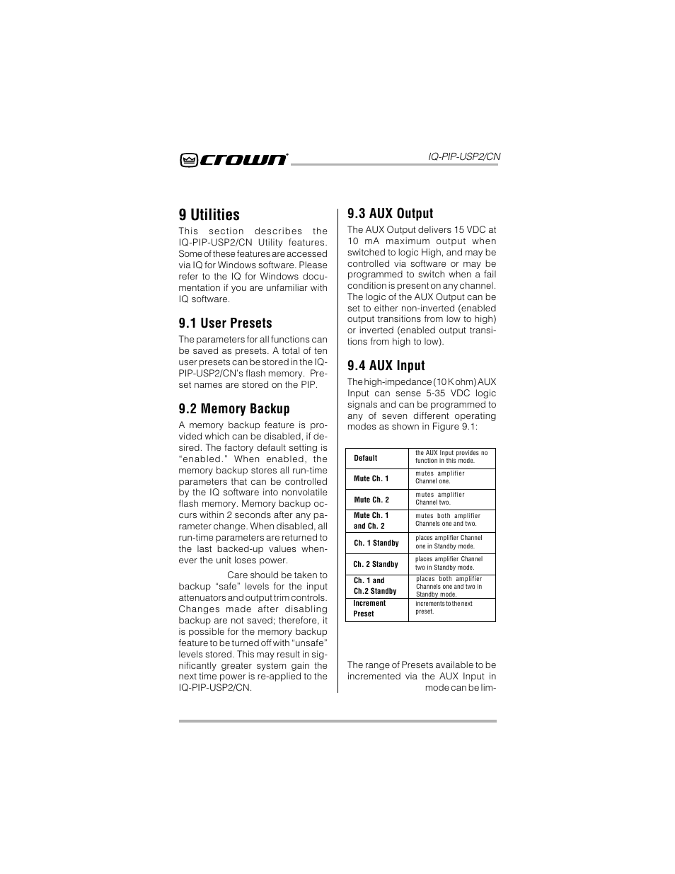 9 utilities, 1 user presets, 3 aux output | 4 aux input | Crown Audio IQ-PIP-USP2_CN User Manual | Page 34 / 65