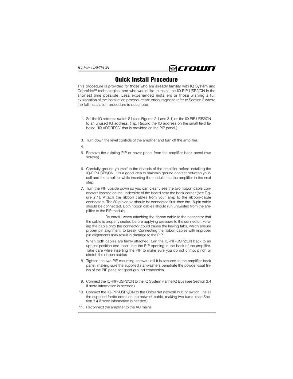 Quick install procedure | Crown Audio IQ-PIP-USP2_CN User Manual | Page 5 / 65