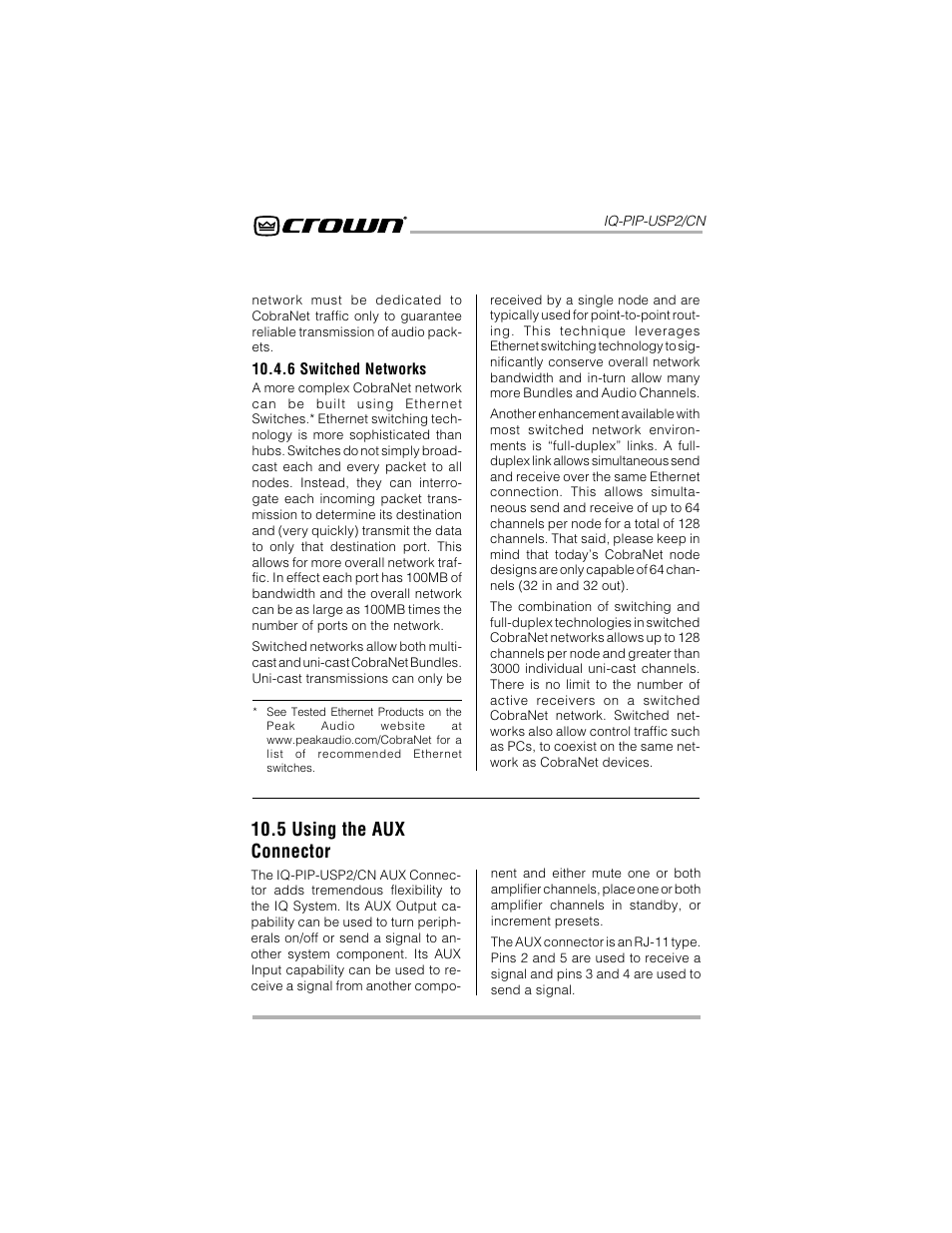 5 using the aux connector | Crown Audio IQ-PIP-USP2_CN User Manual | Page 50 / 65