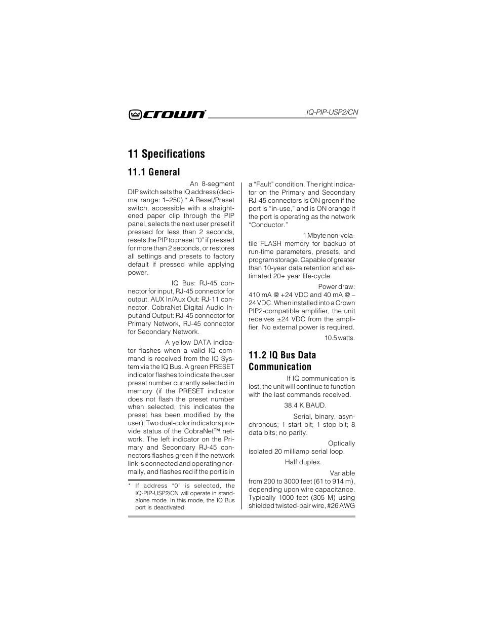 11 specifications, 1 general, 2 iq bus data communication | Crown Audio IQ-PIP-USP2_CN User Manual | Page 60 / 65