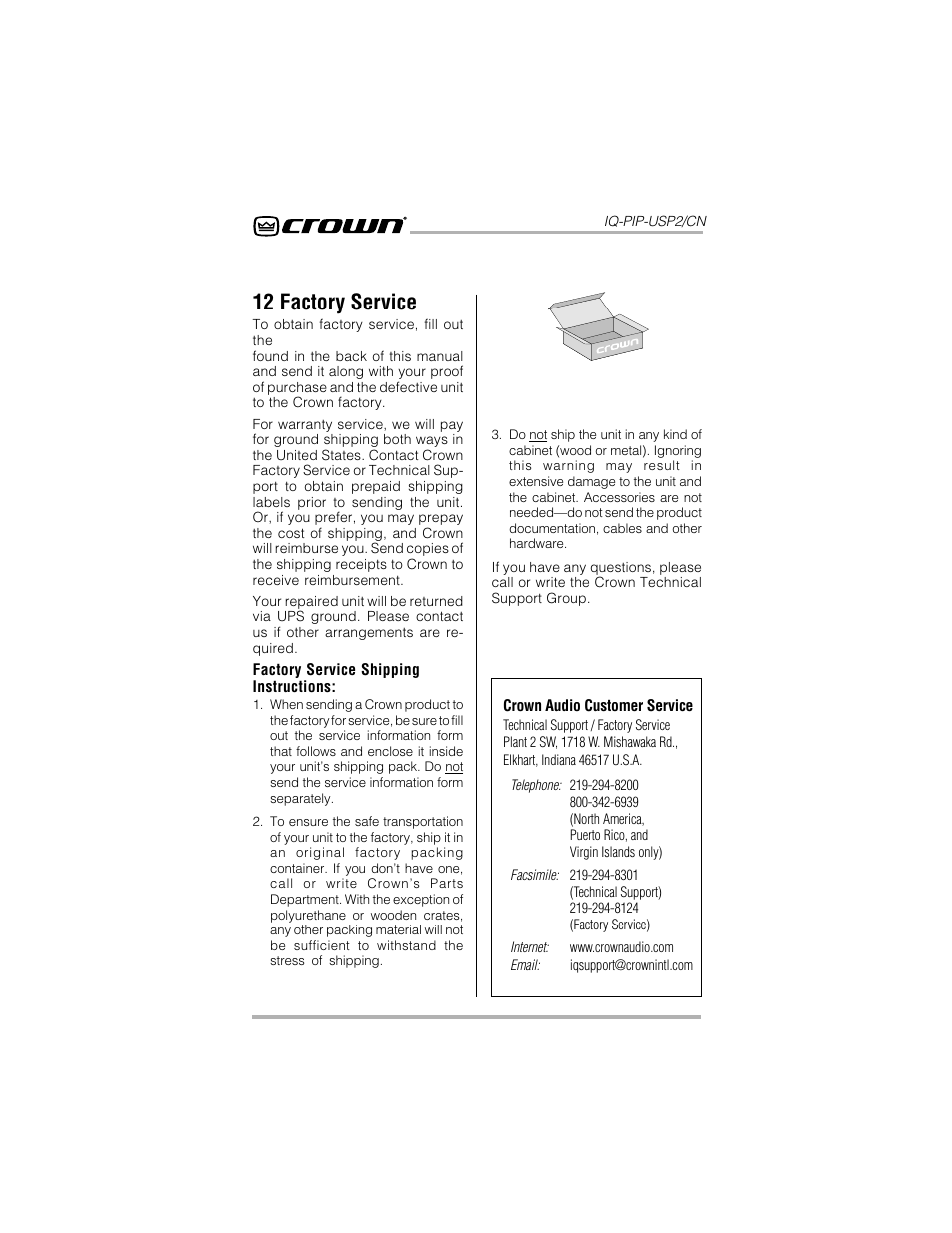 12 factory service | Crown Audio IQ-PIP-USP2_CN User Manual | Page 62 / 65