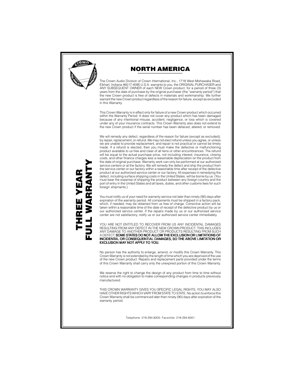 Three year full w arranty, North america | Crown Audio IQ-PIP-USP2_CN User Manual | Page 63 / 65