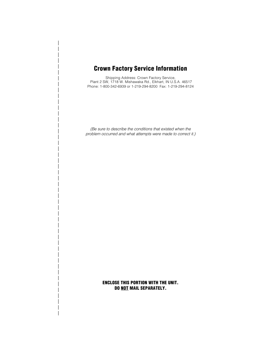 Crown factory service information, Nature of problem | Crown Audio IQ-PIP-USP2_CN User Manual | Page 65 / 65